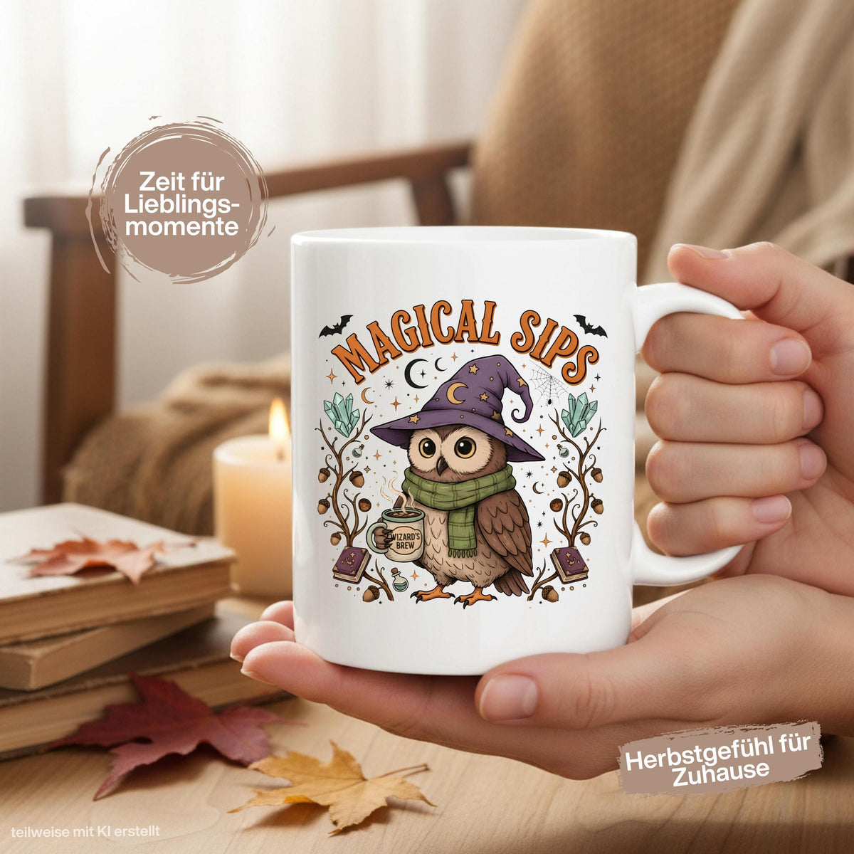 Herbst Tasse „Magical Sips“ mit niedlicher Eule und kleiner „Wizard’s Brew“ Tasse. Weiße Keramiktasse 330 ml mit magischem Herbstmotiv aus Eule, Kristallen, Monden, Sternen, Büchern, Eicheln und Fledermäusen. Eulen Tasse als Geschenk für Eulenliebhaber, Eulenfans und Liebhaber von Witchy Motiven. Zauberhafte Hexen Tasse für Herbstzeit, Cozy Season und Halloween, ideal für Kaffee, Tee oder Kakao und als Herbst Geschenk für Freundin, Schwester, Mama, Fantasyfans und Liebhaber mystischer Designs.