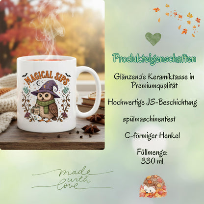 Herbst Tasse „Magical Sips“ mit niedlicher Eule und kleiner „Wizard’s Brew“ Tasse. Weiße Keramiktasse 330 ml mit magischem Herbstmotiv aus Eule, Kristallen, Monden, Sternen, Büchern, Eicheln und Fledermäusen. Eulen Tasse als Geschenk für Eulenliebhaber, Eulenfans und Liebhaber von Witchy Motiven. Zauberhafte Hexen Tasse für Herbstzeit, Cozy Season und Halloween, ideal für Kaffee, Tee oder Kakao und als Herbst Geschenk für Freundin, Schwester, Mama, Fantasyfans und Liebhaber mystischer Designs.