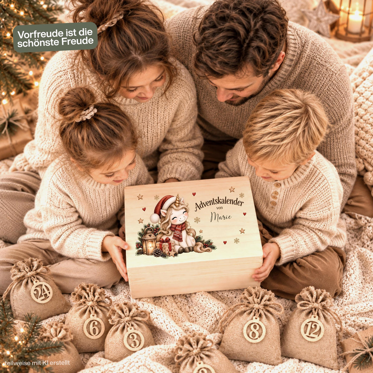 Adventskalender zum Befüllen für Kinder als personalisierte Holzkiste mit süßem Weihnachts-Einhorn und Wunschnamen. Das komplette Adventskalender-Set enthält eine Adventskiste aus Holz, 24 Jutesäckchen und 24 Holzzahlen von 1 bis 24 zum individuellen Selbstbefüllen. Personalisierter Adventskalender, Adventskiste personalisiert, Adventskalender Beutel, Adventskalender Box und Weihnachtskalender mit Namen für eine wiederverwendbare und besondere Weihnachtszeit. Maße: ca. 29,4 × 19,4 × 13,2 cm. UV-Druck.
