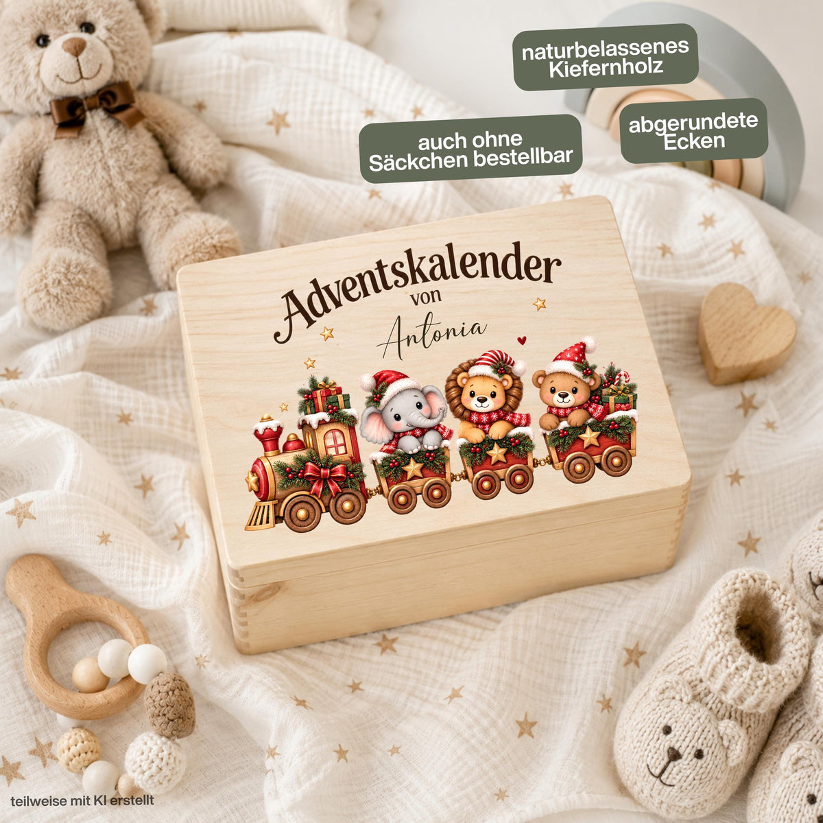 Personalisierter Adventskalender aus Holz für Kinder mit weihnachtlichem Tierzug aus Elefant, Löwe und Bär sowie Wunschnamen Charlotte. Die Adventskiste ist wahlweise einzeln oder als Adventskalender zum Befüllen mit 24 Jutesäckchen und Holzzahlen erhältlich. Wiederverwendbarer Adventskalender personalisiert mit Namen, Adventskalender Holz, Adventskalender Kiste, Adventskiste personalisiert und Weihnachtskalender für Kinder – eine persönliche Adventstradition für kleine Zug- und Tierfans. Aus Kiefernholz.