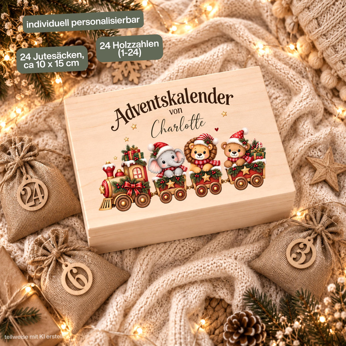 Personalisierter Adventskalender aus Holz für Kinder mit weihnachtlichem Tierzug aus Elefant, Löwe und Bär sowie Wunschnamen Charlotte. Die Adventskiste ist wahlweise einzeln oder als Adventskalender zum Befüllen mit 24 Jutesäckchen und Holzzahlen erhältlich. Wiederverwendbarer Adventskalender personalisiert mit Namen, Adventskalender Holz, Adventskalender Kiste, Adventskiste personalisiert und Weihnachtskalender für Kinder – eine persönliche Adventstradition für kleine Zug- und Tierfans. Aus Kiefernholz.