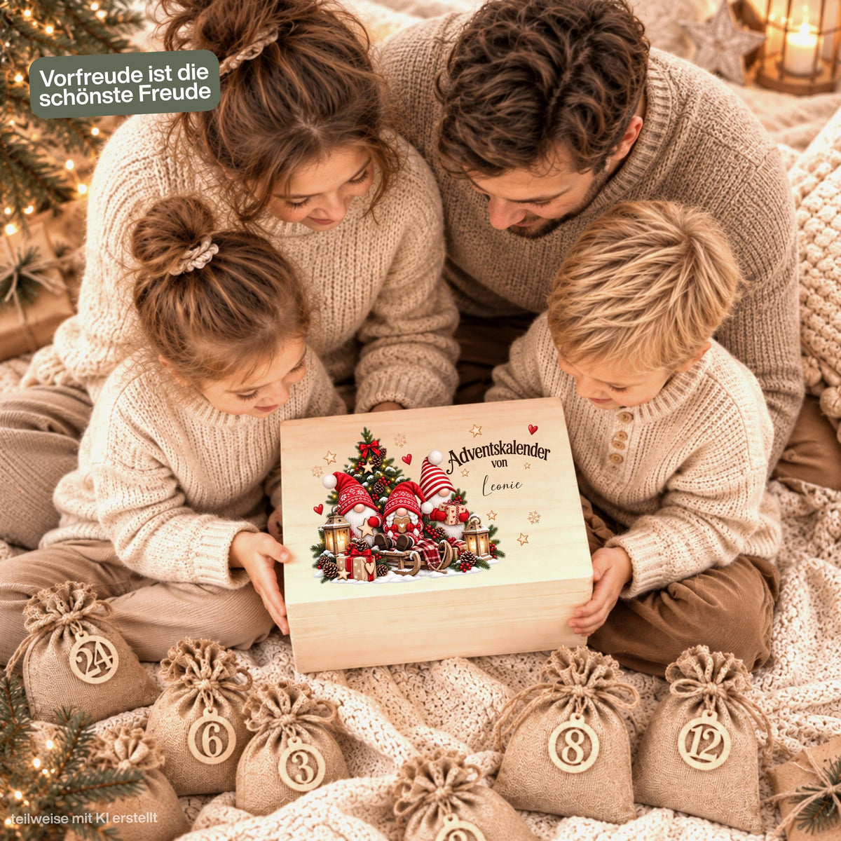 Adventskalender zum Befüllen für Kinder als personalisierte Holzkiste mit Weihnachtswichteln und Wunschnamen. Das komplette Adventskalender-Set enthält eine Adventskiste aus Holz, 24 Jutesäckchen und 24 Holzzahlen von 1 bis 24 zum individuellen Selbstbefüllen. Personalisierter Adventskalender, Adventskalender Beutel, Adventskalender Box, Adventskiste Kinder und Weihnachtskalender mit Namen als wiederverwendbare Weihnachtsdeko und schöne Familientradition für die Adventszeit. Maße: ca. 29,4 × 19,4 × 13,2 cm.