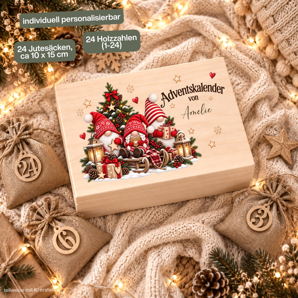 Adventskalender zum Befüllen für Kinder als personalisierte Holzkiste mit Weihnachtswichteln und Wunschnamen. Das komplette Adventskalender-Set enthält eine Adventskiste aus Holz, 24 Jutesäckchen und 24 Holzzahlen von 1 bis 24 zum individuellen Selbstbefüllen. Personalisierter Adventskalender, Adventskalender Beutel, Adventskalender Box, Adventskiste Kinder und Weihnachtskalender mit Namen als wiederverwendbare Weihnachtsdeko und schöne Familientradition für die Adventszeit. Maße: ca. 29,4 × 19,4 × 13,2 cm.