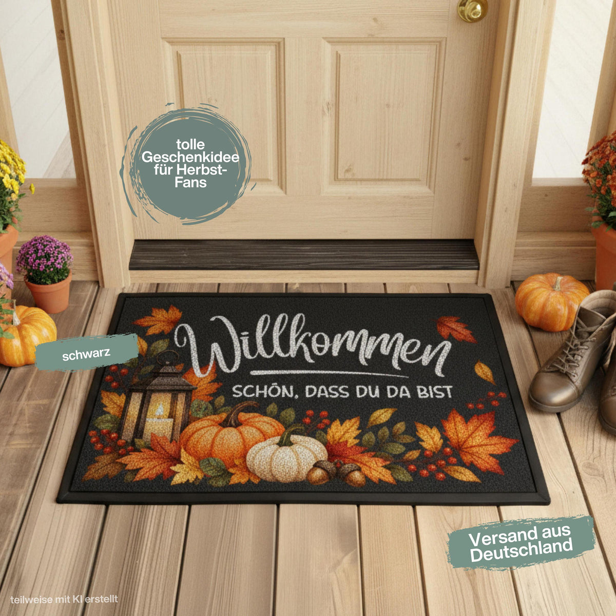 Herbst Fußmatte für Haustür und Eingang mit dem Spruch „Willkommen – Schön, dass du da bist“ und herbstlichem Motiv aus orangefarbenen Kürbissen, bunten Herbstblättern, Beeren, Eicheln und Laterne. Bedruckte Fußmatte aus 100 % Polypropylen mit rutschfestem Gummirand, erhältlich in drei Größen und verschiedenen Hintergrundfarben. Dekorative Haustür Fußmatte und Eingangs Fußmatte für Herbstzeit, passend als Willkommensmatte Schmutzfangmatte und Fußmatte Willkommen für einen dekorierten Hauseingang