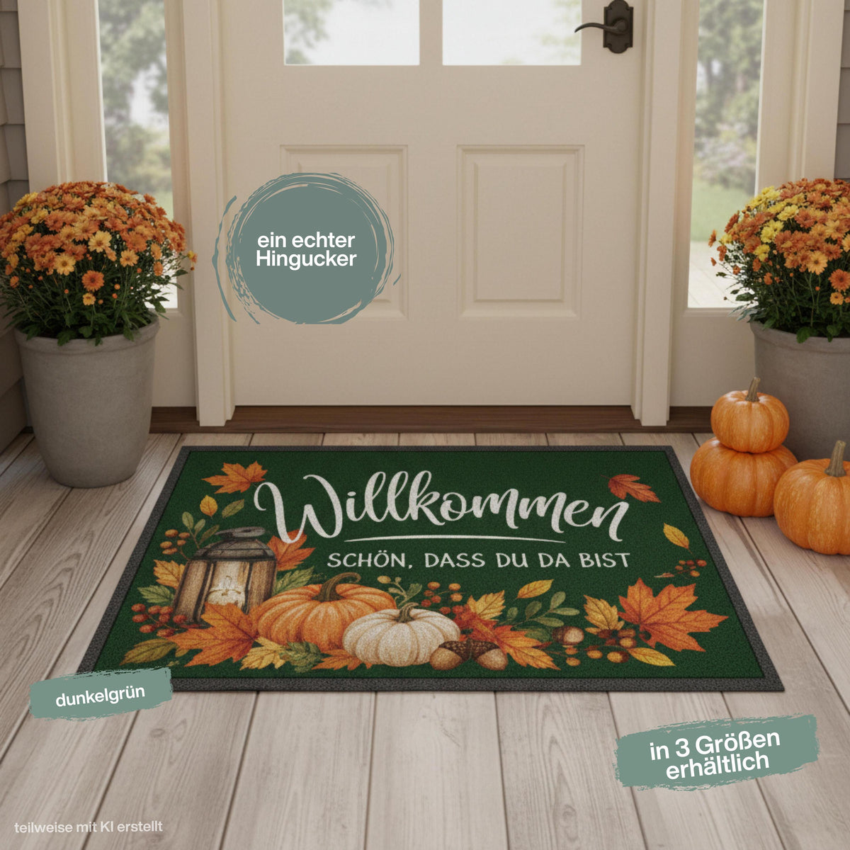 Herbst Fußmatte für Haustür und Eingang mit dem Spruch „Willkommen – Schön, dass du da bist“ und herbstlichem Motiv aus orangefarbenen Kürbissen, bunten Herbstblättern, Beeren, Eicheln und Laterne. Bedruckte Fußmatte aus 100 % Polypropylen mit rutschfestem Gummirand, erhältlich in drei Größen und verschiedenen Hintergrundfarben. Dekorative Haustür Fußmatte und Eingangs Fußmatte für Herbstzeit, passend als Willkommensmatte Schmutzfangmatte und Fußmatte Willkommen für einen dekorierten Hauseingang
