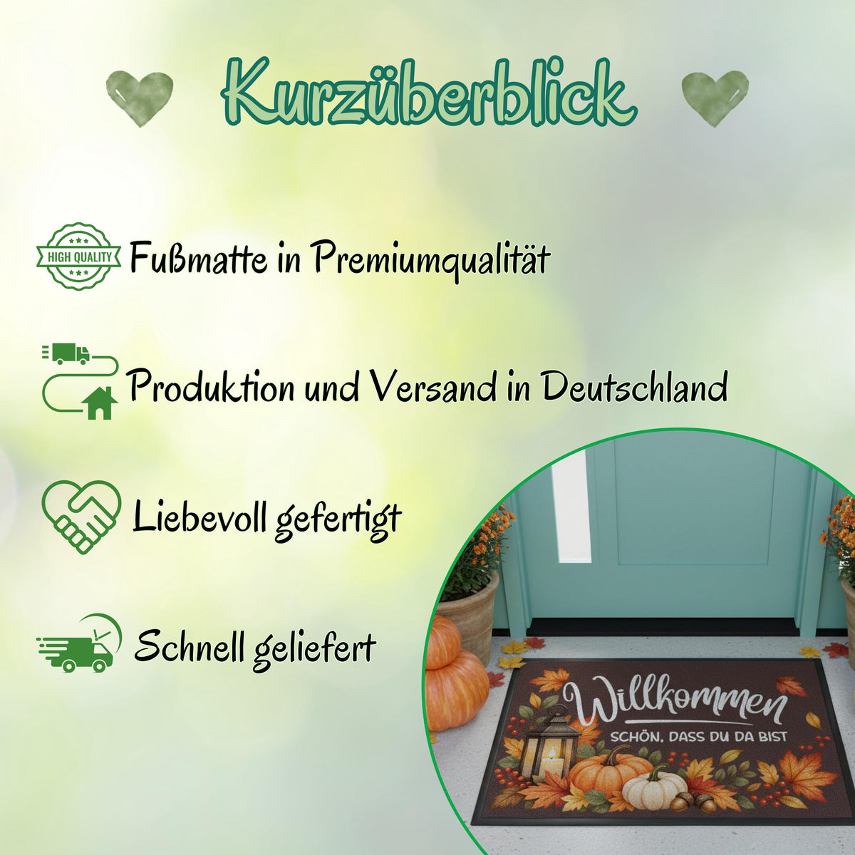 Herbst Fußmatte für Haustür und Eingang mit dem Spruch „Willkommen – Schön, dass du da bist“ und herbstlichem Motiv aus orangefarbenen Kürbissen, bunten Herbstblättern, Beeren, Eicheln und Laterne. Bedruckte Fußmatte aus 100 % Polypropylen mit rutschfestem Gummirand, erhältlich in drei Größen und verschiedenen Hintergrundfarben. Dekorative Haustür Fußmatte und Eingangs Fußmatte für Herbstzeit, passend als Willkommensmatte Schmutzfangmatte und Fußmatte Willkommen für einen dekorierten Hauseingang