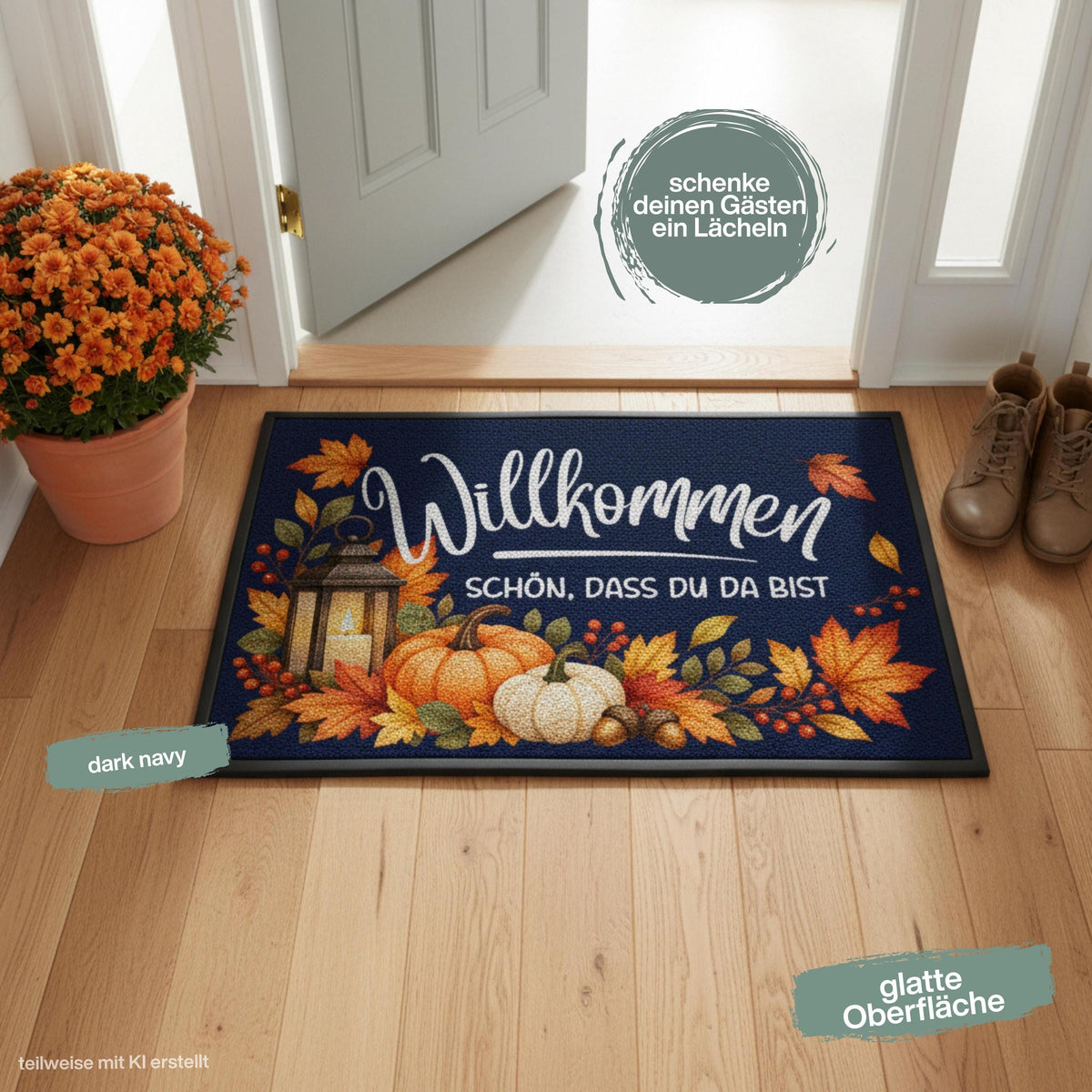 Herbst Fußmatte für Haustür und Eingang mit dem Spruch „Willkommen – Schön, dass du da bist“ und herbstlichem Motiv aus orangefarbenen Kürbissen, bunten Herbstblättern, Beeren, Eicheln und Laterne. Bedruckte Fußmatte aus 100 % Polypropylen mit rutschfestem Gummirand, erhältlich in drei Größen und verschiedenen Hintergrundfarben. Dekorative Haustür Fußmatte und Eingangs Fußmatte für Herbstzeit, passend als Willkommensmatte Schmutzfangmatte und Fußmatte Willkommen für einen dekorierten Hauseingang