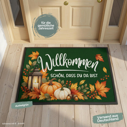 Herbst Fußmatte für Haustür und Eingang mit dem Spruch „Willkommen – Schön, dass du da bist“ und herbstlichem Motiv aus orangefarbenen Kürbissen, bunten Herbstblättern, Beeren, Eicheln und Laterne. Bedruckte Fußmatte aus 100 % Polypropylen mit rutschfestem Gummirand, erhältlich in drei Größen und verschiedenen Hintergrundfarben. Dekorative Haustür Fußmatte und Eingangs Fußmatte für Herbstzeit, passend als Willkommensmatte Schmutzfangmatte und Fußmatte Willkommen für einen dekorierten Hauseingang