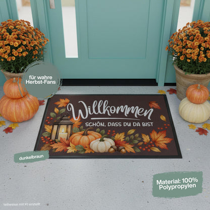 Herbst Fußmatte für Haustür und Eingang mit dem Spruch „Willkommen – Schön, dass du da bist“ und herbstlichem Motiv aus orangefarbenen Kürbissen, bunten Herbstblättern, Beeren, Eicheln und Laterne. Bedruckte Fußmatte aus 100 % Polypropylen mit rutschfestem Gummirand, erhältlich in drei Größen und verschiedenen Hintergrundfarben. Dekorative Haustür Fußmatte und Eingangs Fußmatte für Herbstzeit, passend als Willkommensmatte Schmutzfangmatte und Fußmatte Willkommen für einen dekorierten Hauseingang