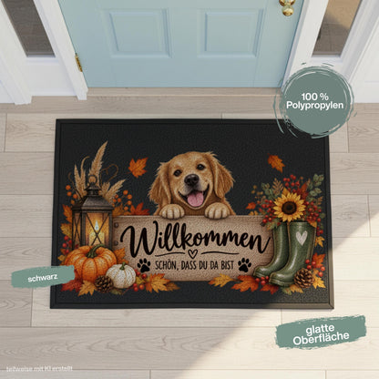 Herbst Fußmatte für Haustür und Eingang mit fröhlichem Hund und Spruch „Willkommen – Schön, dass du da bist“. Bedruckte Haustür Fußmatte mit Kürbissen, buntem Herbstlaub, Laterne, Sonnenblume, Beeren, Tannenzapfen, Gummistiefeln und kleinen Pfoten. Schmutzfangmatte aus 100 % Polypropylen mit rutschfestem Gummirand. Dekorative Eingangs Fußmatte und Willkommensmatte für die Herbstzeit, passend als Fußmatte Willkommen, Herbst Fußmatte und Geschenk für Hundebesitzer, Hundefreunde, Herbstfans