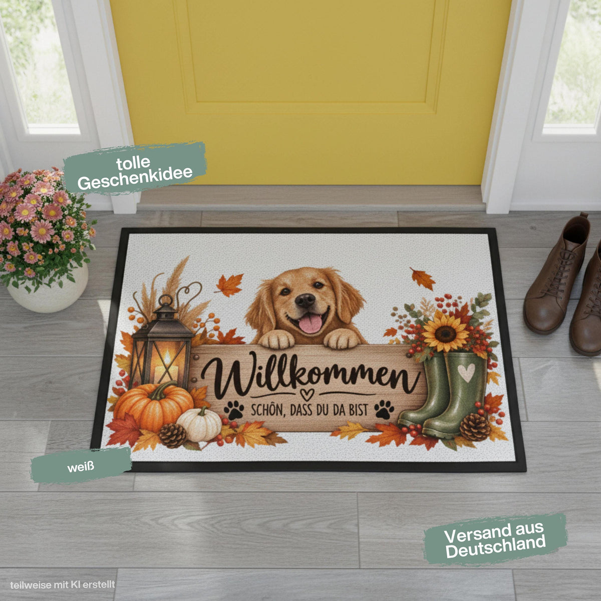 Herbst Fußmatte für Haustür und Eingang mit fröhlichem Hund und Spruch „Willkommen – Schön, dass du da bist“. Bedruckte Haustür Fußmatte mit Kürbissen, buntem Herbstlaub, Laterne, Sonnenblume, Beeren, Tannenzapfen, Gummistiefeln und kleinen Pfoten. Schmutzfangmatte aus 100 % Polypropylen mit rutschfestem Gummirand. Dekorative Eingangs Fußmatte und Willkommensmatte für die Herbstzeit, passend als Fußmatte Willkommen, Herbst Fußmatte und Geschenk für Hundebesitzer, Hundefreunde, Herbstfans