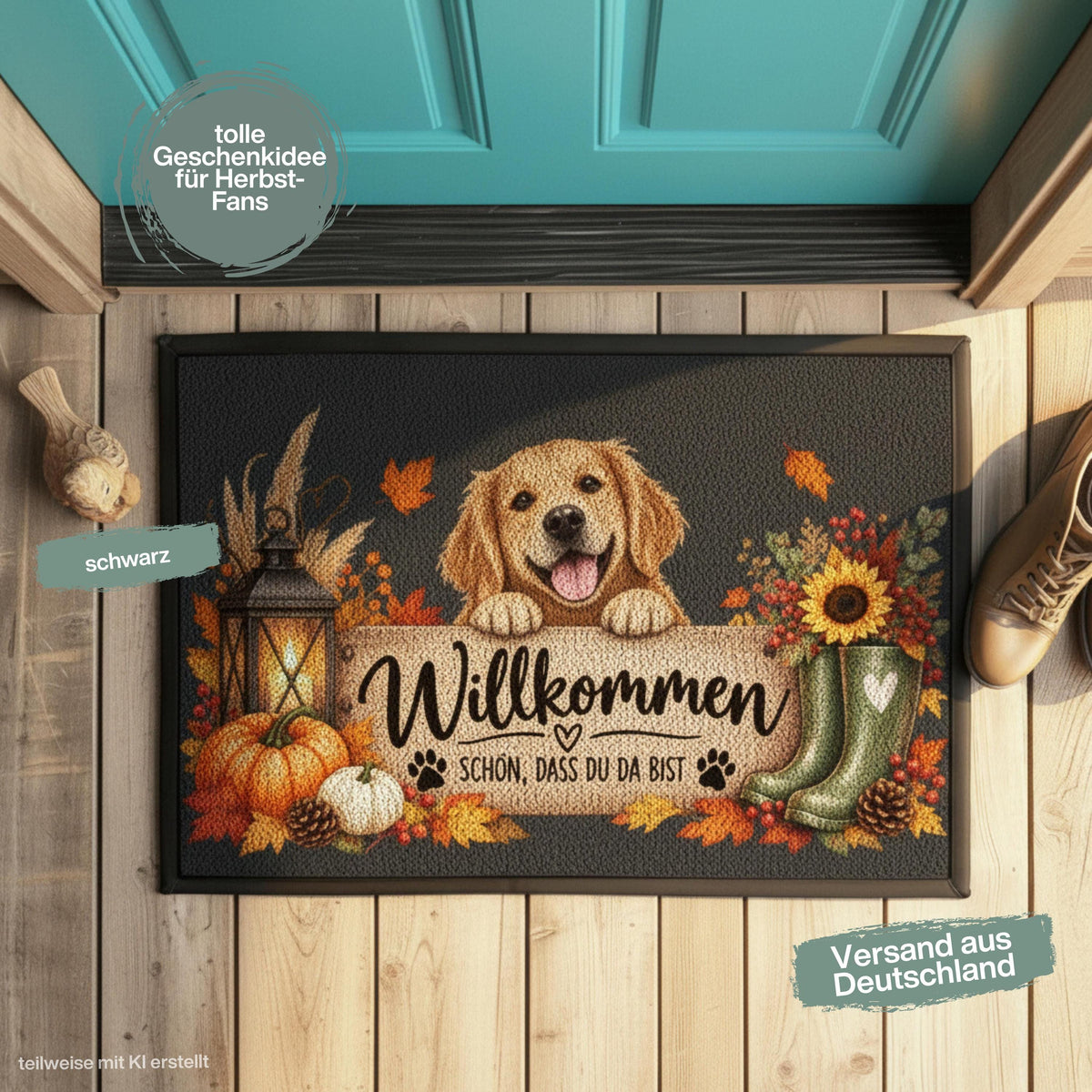 Herbst Fußmatte für Haustür und Eingang mit fröhlichem Hund und Spruch „Willkommen – Schön, dass du da bist“. Bedruckte Haustür Fußmatte mit Kürbissen, buntem Herbstlaub, Laterne, Sonnenblume, Beeren, Tannenzapfen, Gummistiefeln und kleinen Pfoten. Schmutzfangmatte aus 100 % Polypropylen mit rutschfestem Gummirand. Dekorative Eingangs Fußmatte und Willkommensmatte für die Herbstzeit, passend als Fußmatte Willkommen, Herbst Fußmatte und Geschenk für Hundebesitzer, Hundefreunde, Herbstfans