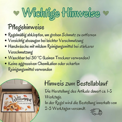 Herbst Fußmatte für Haustür und Eingang mit schlafendem Hund, Strickmütze und Spruch „Willkommen – Schön, dass du da bist“. Bedruckte Haustür Fußmatte mit buntem Herbstlaub in Orange, Rot und Gold als gemütliche Herbstdeko für den Eingangsbereich. Schmutzfangmatte aus 100 % Polypropylen mit rutschfestem Gummirand.Dekorative Eingangs Fußmatte und Willkommensmatte für Hundefreunde, passend als Fußmatte Herbst, Haustürmatte, Fußmatte Willkommen und Geschenk für Hundebesitzer oder zum Einzug.