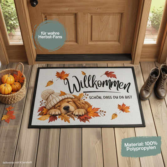 Herbst Fußmatte für Haustür und Eingang mit schlafendem Hund, Strickmütze und Spruch „Willkommen – Schön, dass du da bist“. Bedruckte Haustür Fußmatte mit buntem Herbstlaub in Orange, Rot und Gold als gemütliche Herbstdeko für den Eingangsbereich. Schmutzfangmatte aus 100 % Polypropylen mit rutschfestem Gummirand.Dekorative Eingangs Fußmatte und Willkommensmatte für Hundefreunde, passend als Fußmatte Herbst, Haustürmatte, Fußmatte Willkommen und Geschenk für Hundebesitzer oder zum Einzug.
