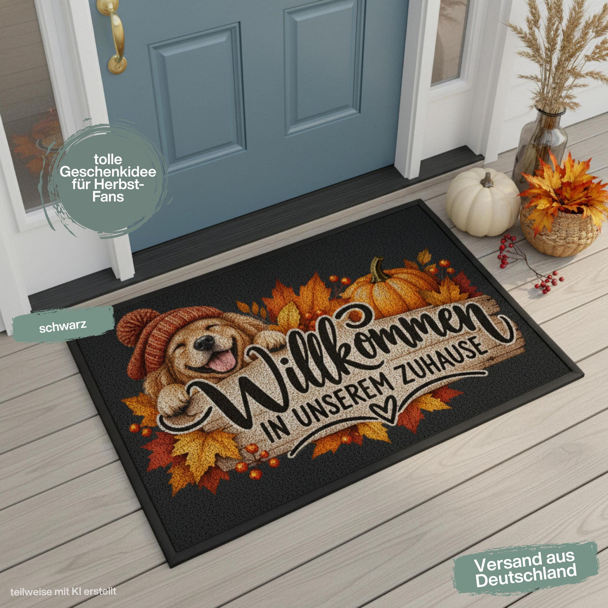 Herbst Fußmatte für Haustür und Eingang mit fröhlichem Hund, orangefarbener Strickmütze, Kürbis und buntem Herbstlaub sowie Spruch „Willkommen in unserem Zuhause“. Bedruckte Haustür Fußmatte als gemütliche Herbstdeko und Willkommensmatte für den Eingangsbereich. Schmutzfangmatte aus 100 % Polypropylen mit rutschfestem Gummirand. Dekorative Eingangs Fußmatte für Hundefreunde und Herbstfans, passend als Fußmatte Herbst Haustürmatte Fußmatte Willkommen und Geschenk für Hundebesitzer oder zum Einzug