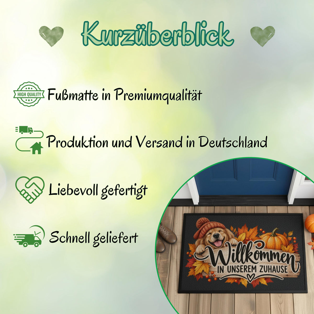 Herbst Fußmatte für Haustür und Eingang mit fröhlichem Hund, orangefarbener Strickmütze, Kürbis und buntem Herbstlaub sowie Spruch „Willkommen in unserem Zuhause“. Bedruckte Haustür Fußmatte als gemütliche Herbstdeko und Willkommensmatte für den Eingangsbereich. Schmutzfangmatte aus 100 % Polypropylen mit rutschfestem Gummirand. Dekorative Eingangs Fußmatte für Hundefreunde und Herbstfans, passend als Fußmatte Herbst Haustürmatte Fußmatte Willkommen und Geschenk für Hundebesitzer oder zum Einzug