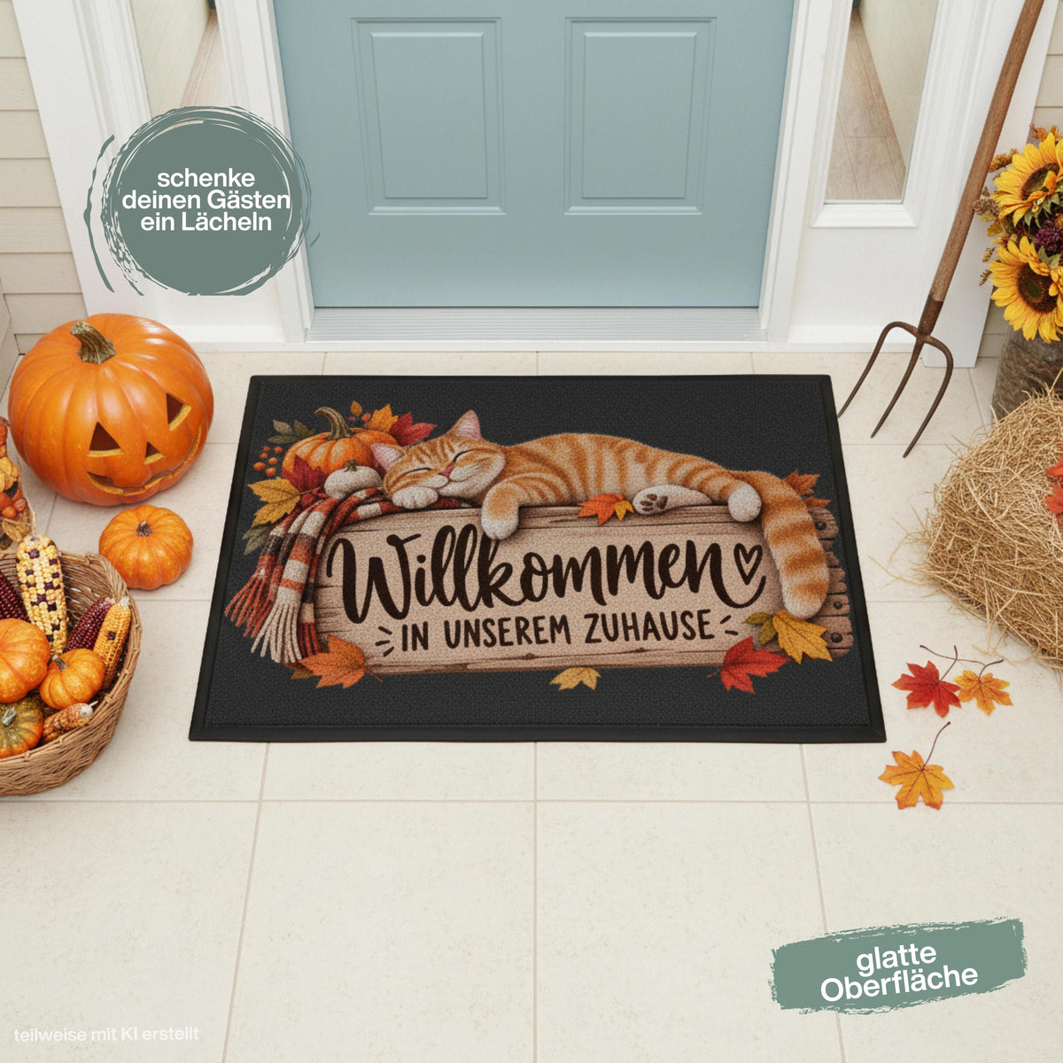 Herbst Fußmatte für Haustür und Eingang mit schlafender orangefarbener Katze, Kürbissen, kuscheligem Schal und buntem Herbstlaub sowie Spruch „Willkommen in unserem Zuhause“. Bedruckte Haustür Fußmatte als gemütliche Herbstdeko und Willkommensmatte für Katzenfreunde. Schmutzfangmatte aus 100 % Polypropylen mit rutschfestem Gummirand. Dekorative Eingangs Fußmatte passend als Fußmatte Herbst, Haustürmatte, Fußmatte Willkommen und Geschenk für Katzenliebhaber, Katzenbesitzer oder zum Einzug.