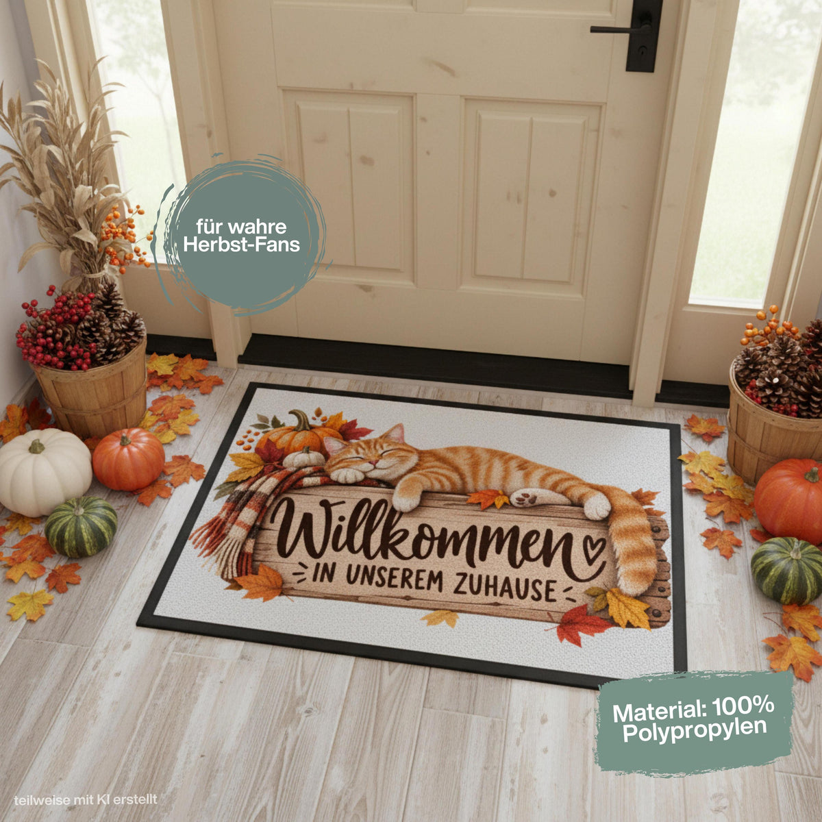 Herbst Fußmatte für Haustür und Eingang mit schlafender orangefarbener Katze, Kürbissen, kuscheligem Schal und buntem Herbstlaub sowie Spruch „Willkommen in unserem Zuhause“. Bedruckte Haustür Fußmatte als gemütliche Herbstdeko und Willkommensmatte für Katzenfreunde. Schmutzfangmatte aus 100 % Polypropylen mit rutschfestem Gummirand. Dekorative Eingangs Fußmatte passend als Fußmatte Herbst, Haustürmatte, Fußmatte Willkommen und Geschenk für Katzenliebhaber, Katzenbesitzer oder zum Einzug.