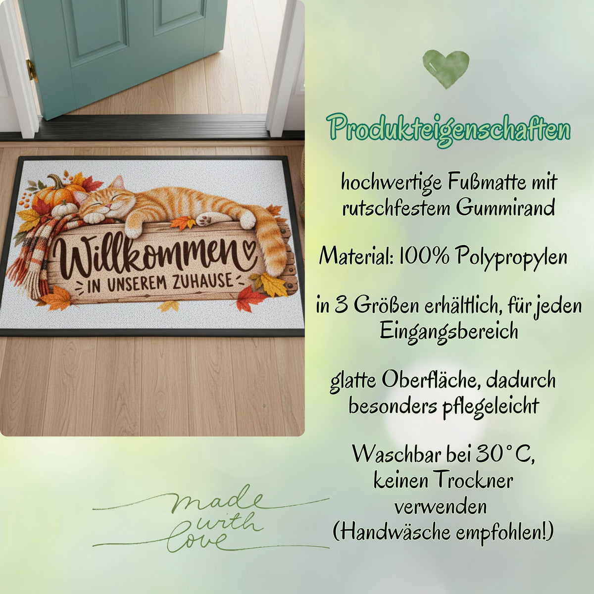 Herbst Fußmatte für Haustür und Eingang mit schlafender orangefarbener Katze, Kürbissen, kuscheligem Schal und buntem Herbstlaub sowie Spruch „Willkommen in unserem Zuhause“. Bedruckte Haustür Fußmatte als gemütliche Herbstdeko und Willkommensmatte für Katzenfreunde. Schmutzfangmatte aus 100 % Polypropylen mit rutschfestem Gummirand. Dekorative Eingangs Fußmatte passend als Fußmatte Herbst, Haustürmatte, Fußmatte Willkommen und Geschenk für Katzenliebhaber, Katzenbesitzer oder zum Einzug.