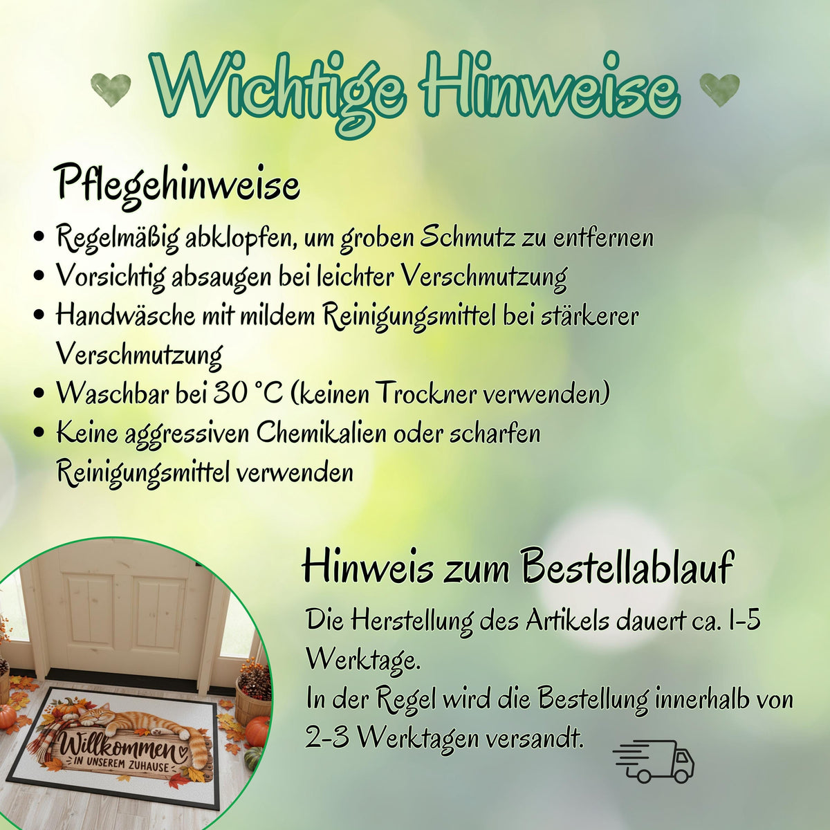 Herbst Fußmatte für Haustür und Eingang mit schlafender orangefarbener Katze, Kürbissen, kuscheligem Schal und buntem Herbstlaub sowie Spruch „Willkommen in unserem Zuhause“. Bedruckte Haustür Fußmatte als gemütliche Herbstdeko und Willkommensmatte für Katzenfreunde. Schmutzfangmatte aus 100 % Polypropylen mit rutschfestem Gummirand. Dekorative Eingangs Fußmatte passend als Fußmatte Herbst, Haustürmatte, Fußmatte Willkommen und Geschenk für Katzenliebhaber, Katzenbesitzer oder zum Einzug.