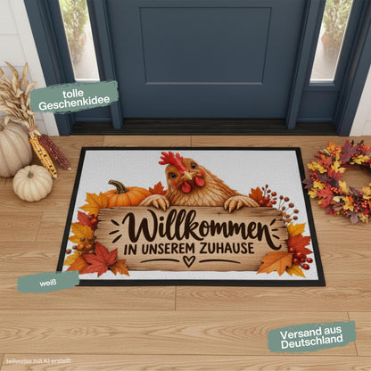 Herbst Fußmatte für Haustür und Eingang mit Huhn, orangefarbenem Kürbis, buntem Herbstlaub und rustikalem Holzschild mit Spruch „Willkommen in unserem Zuhause“. Bedruckte Haustür Fußmatte als gemütliche Herbstdeko und Willkommensmatte für Hühnerliebhaber und Fans des Landlebens. Schmutzfangmatte aus 100 % Polypropylen. Dekorative Eingangs Fußmatte passend als Fußmatte Herbst, Haustürmatte, Fußmatte Willkommen oder praktische Geschenkidee für Hühnerfans, Herbstfans und zum Einzug.