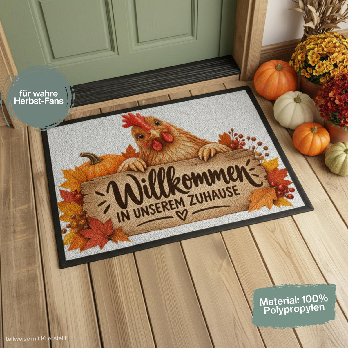Herbst Fußmatte für Haustür und Eingang mit Huhn, orangefarbenem Kürbis, buntem Herbstlaub und rustikalem Holzschild mit Spruch „Willkommen in unserem Zuhause“. Bedruckte Haustür Fußmatte als gemütliche Herbstdeko und Willkommensmatte für Hühnerliebhaber und Fans des Landlebens. Schmutzfangmatte aus 100 % Polypropylen. Dekorative Eingangs Fußmatte passend als Fußmatte Herbst, Haustürmatte, Fußmatte Willkommen oder praktische Geschenkidee für Hühnerfans, Herbstfans und zum Einzug.