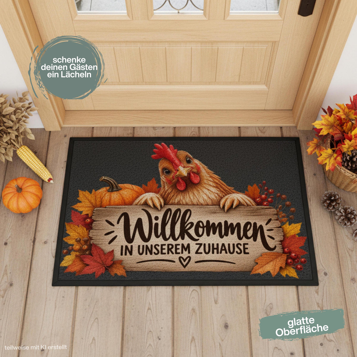 Herbst Fußmatte für Haustür und Eingang mit Huhn, orangefarbenem Kürbis, buntem Herbstlaub und rustikalem Holzschild mit Spruch „Willkommen in unserem Zuhause“. Bedruckte Haustür Fußmatte als gemütliche Herbstdeko und Willkommensmatte für Hühnerliebhaber und Fans des Landlebens. Schmutzfangmatte aus 100 % Polypropylen. Dekorative Eingangs Fußmatte passend als Fußmatte Herbst, Haustürmatte, Fußmatte Willkommen oder praktische Geschenkidee für Hühnerfans, Herbstfans und zum Einzug.
