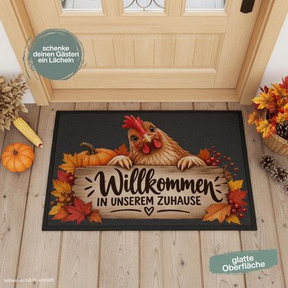 Herbst Fußmatte für Haustür und Eingang mit Huhn, orangefarbenem Kürbis, buntem Herbstlaub und rustikalem Holzschild mit Spruch „Willkommen in unserem Zuhause“. Bedruckte Haustür Fußmatte als gemütliche Herbstdeko und Willkommensmatte für Hühnerliebhaber und Fans des Landlebens. Schmutzfangmatte aus 100 % Polypropylen. Dekorative Eingangs Fußmatte passend als Fußmatte Herbst, Haustürmatte, Fußmatte Willkommen oder praktische Geschenkidee für Hühnerfans, Herbstfans und zum Einzug.