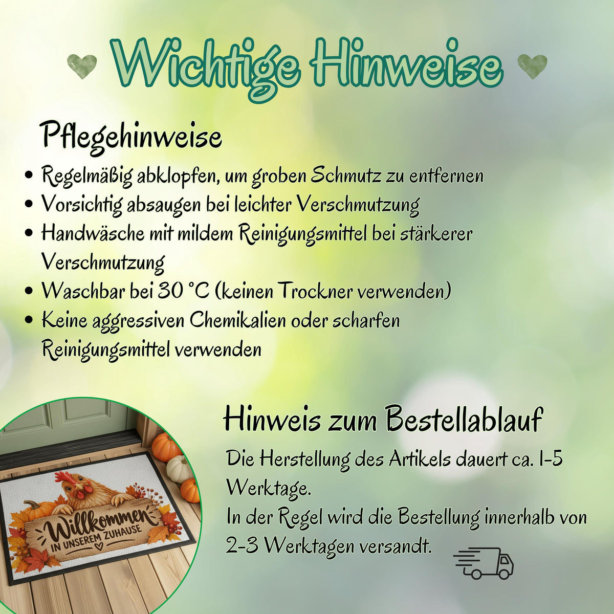 Herbst Fußmatte für Haustür und Eingang mit Huhn, orangefarbenem Kürbis, buntem Herbstlaub und rustikalem Holzschild mit Spruch „Willkommen in unserem Zuhause“. Bedruckte Haustür Fußmatte als gemütliche Herbstdeko und Willkommensmatte für Hühnerliebhaber und Fans des Landlebens. Schmutzfangmatte aus 100 % Polypropylen. Dekorative Eingangs Fußmatte passend als Fußmatte Herbst, Haustürmatte, Fußmatte Willkommen oder praktische Geschenkidee für Hühnerfans, Herbstfans und zum Einzug.