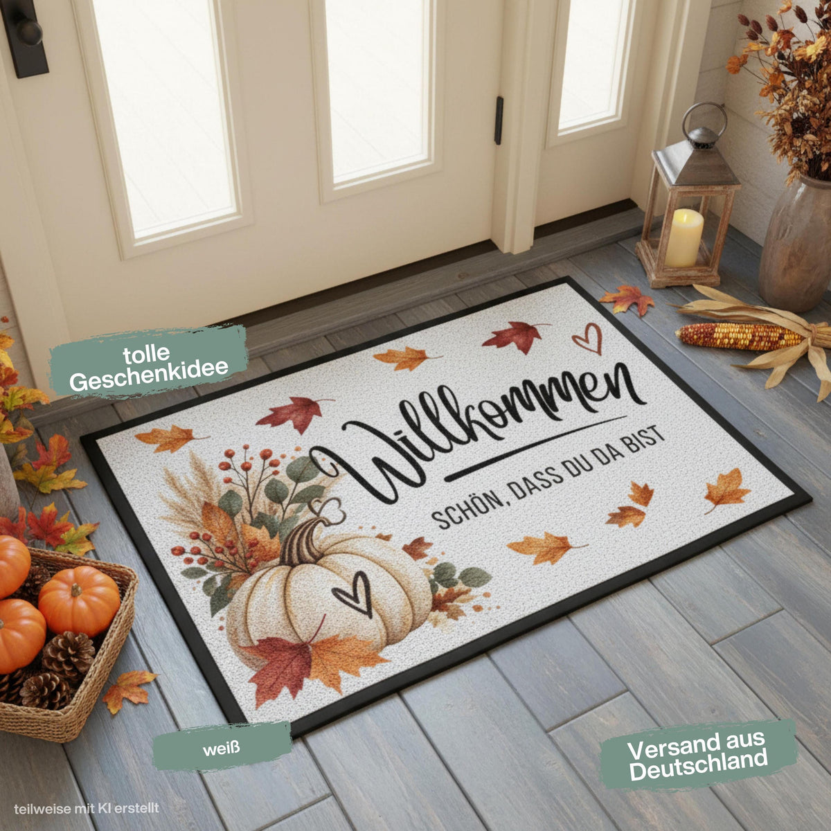 Herbst Fußmatte für Haustür und Eingang mit Schriftzug „Willkommen – Schön, dass du da bist“, großem weißem Kürbis, bunten Herbstblättern, Zweigen und Beeren. Bedruckte Fußmatte aus 100 % Polypropylen mit rutschfestem Gummirand, erhältlich in drei Größen. Herbst Fußmatte als dekorative Willkommensmatte, Haustürmatte und Schmutzfangmatte für einen gemütlichen Eingangsbereich. Fußmatte Herbst für Haustür, Wohnung oder Haus, passend zu Kürbisdeko, Herbstkranz und saisonaler Herbstdekoration.