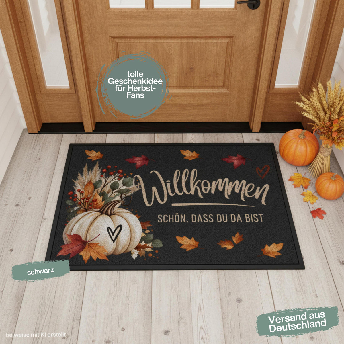 Herbst Fußmatte für Haustür und Eingang mit Schriftzug „Willkommen – Schön, dass du da bist“, großem weißem Kürbis, bunten Herbstblättern, Zweigen und Beeren. Bedruckte Fußmatte aus 100 % Polypropylen mit rutschfestem Gummirand, erhältlich in drei Größen. Herbst Fußmatte als dekorative Willkommensmatte, Haustürmatte und Schmutzfangmatte für einen gemütlichen Eingangsbereich. Fußmatte Herbst für Haustür, Wohnung oder Haus, passend zu Kürbisdeko, Herbstkranz und saisonaler Herbstdekoration.