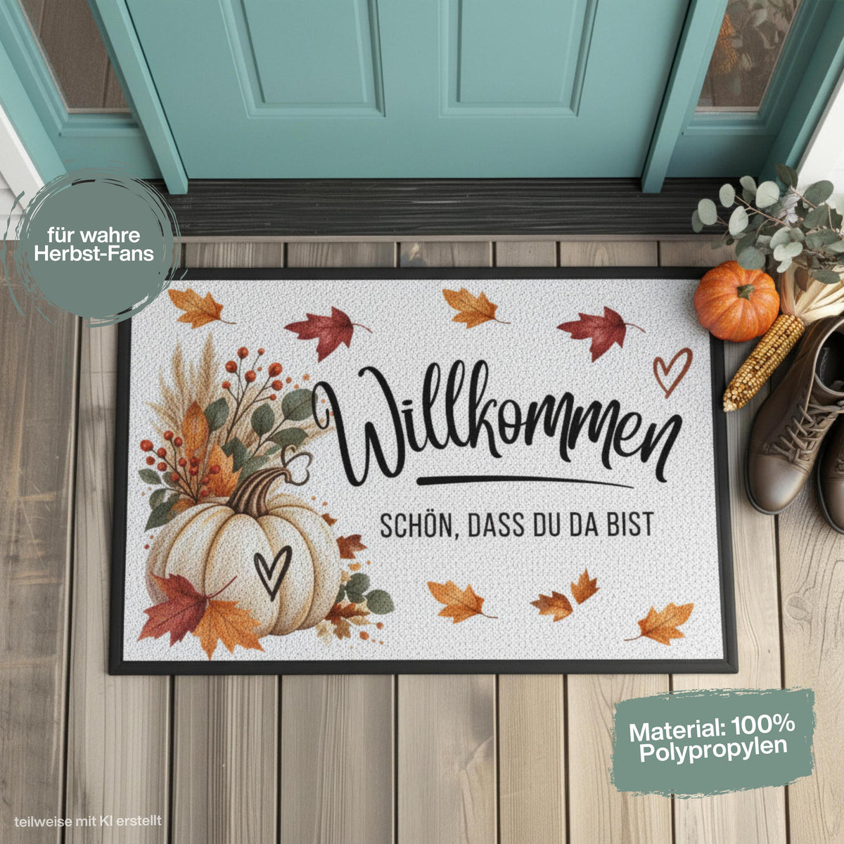 Herbst Fußmatte für Haustür und Eingang mit Schriftzug „Willkommen – Schön, dass du da bist“, großem weißem Kürbis, bunten Herbstblättern, Zweigen und Beeren. Bedruckte Fußmatte aus 100 % Polypropylen mit rutschfestem Gummirand, erhältlich in drei Größen. Herbst Fußmatte als dekorative Willkommensmatte, Haustürmatte und Schmutzfangmatte für einen gemütlichen Eingangsbereich. Fußmatte Herbst für Haustür, Wohnung oder Haus, passend zu Kürbisdeko, Herbstkranz und saisonaler Herbstdekoration.