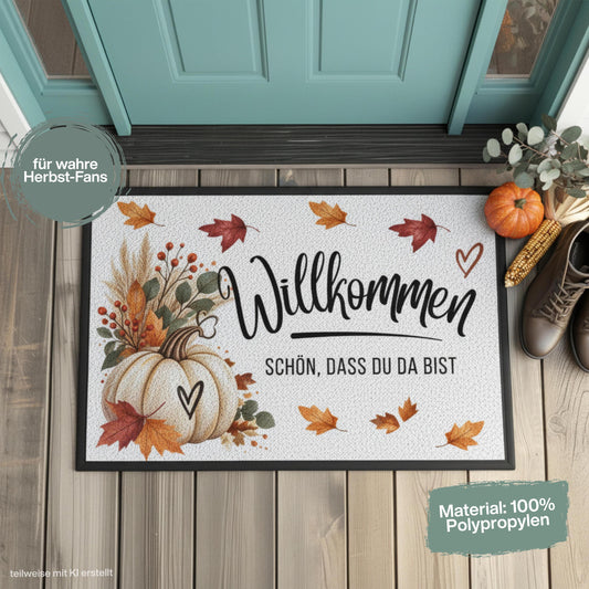 Herbst Fußmatte für Haustür und Eingang mit Schriftzug „Willkommen – Schön, dass du da bist“, großem weißem Kürbis, bunten Herbstblättern, Zweigen und Beeren. Bedruckte Fußmatte aus 100 % Polypropylen mit rutschfestem Gummirand, erhältlich in drei Größen. Herbst Fußmatte als dekorative Willkommensmatte, Haustürmatte und Schmutzfangmatte für einen gemütlichen Eingangsbereich. Fußmatte Herbst für Haustür, Wohnung oder Haus, passend zu Kürbisdeko, Herbstkranz und saisonaler Herbstdekoration.