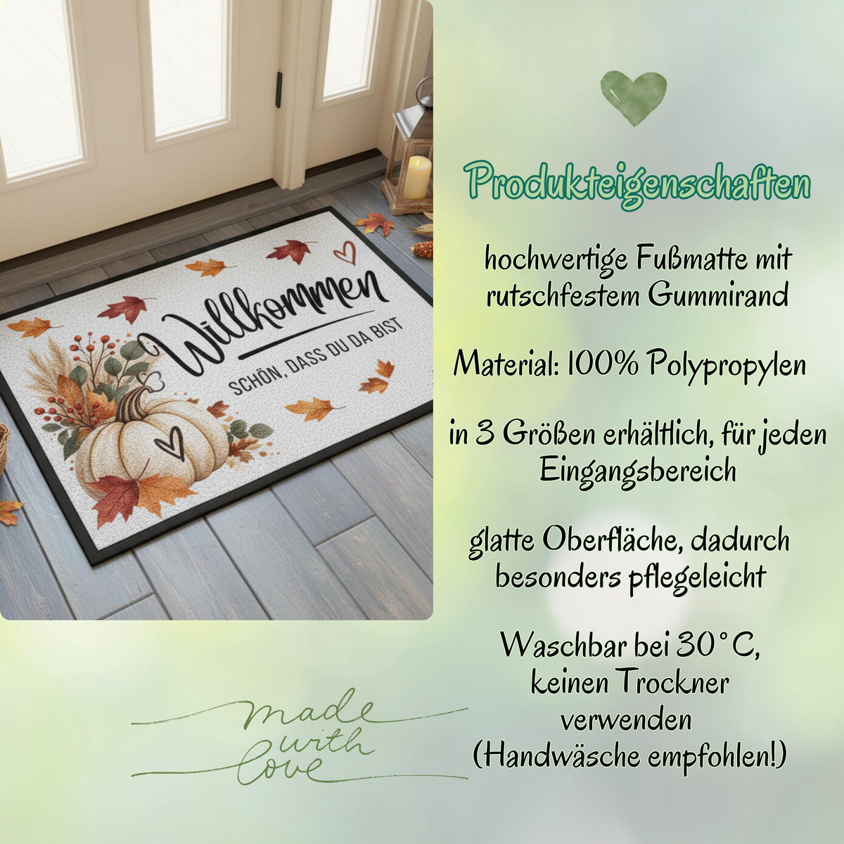 Herbst Fußmatte für Haustür und Eingang mit Schriftzug „Willkommen – Schön, dass du da bist“, großem weißem Kürbis, bunten Herbstblättern, Zweigen und Beeren. Bedruckte Fußmatte aus 100 % Polypropylen mit rutschfestem Gummirand, erhältlich in drei Größen. Herbst Fußmatte als dekorative Willkommensmatte, Haustürmatte und Schmutzfangmatte für einen gemütlichen Eingangsbereich. Fußmatte Herbst für Haustür, Wohnung oder Haus, passend zu Kürbisdeko, Herbstkranz und saisonaler Herbstdekoration.