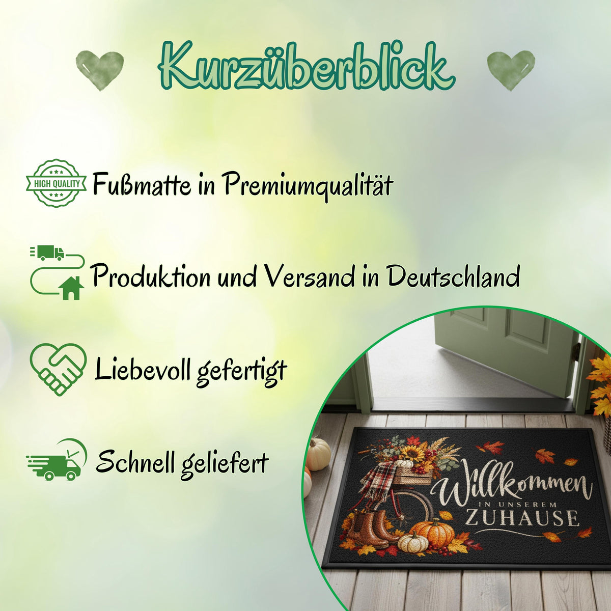 Herbst Fußmatte für Haustür und Eingang mit Schriftzug „Willkommen in unserem Zuhause“, nostalgischem Fahrrad, braunen Gummistiefeln, Kürbissen, Sonnenblumen, Beeren und bunten Herbstblättern. Bedruckte Fußmatte aus 100 % Polypropylen mit rutschfestem Gummirand in drei Größen. Herbst Fußmatte als dekorative Willkommensmatte, Haustürmatte und Schmutzfangmatte für einen gemütlichen Eingangsbereich. Fußmatte Herbst für Haus und Wohnung mit klassischer Kürbis- und Herbstdeko.