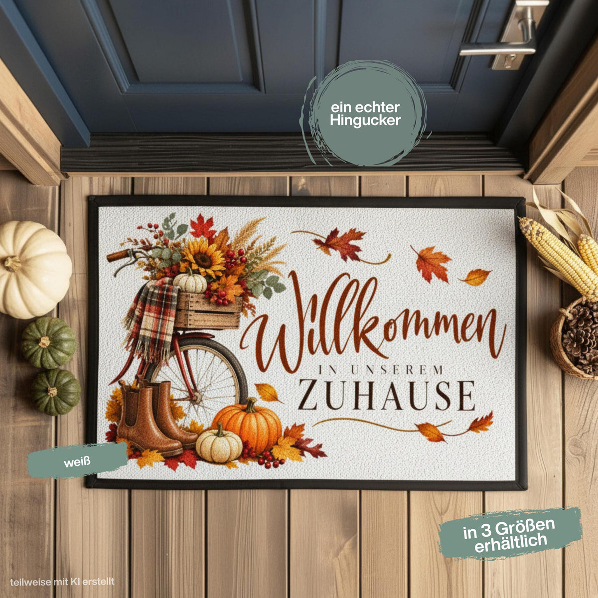 Herbst Fußmatte für Haustür und Eingang mit Schriftzug „Willkommen in unserem Zuhause“, nostalgischem Fahrrad, braunen Gummistiefeln, Kürbissen, Sonnenblumen, Beeren und bunten Herbstblättern. Bedruckte Fußmatte aus 100 % Polypropylen mit rutschfestem Gummirand in drei Größen. Herbst Fußmatte als dekorative Willkommensmatte, Haustürmatte und Schmutzfangmatte für einen gemütlichen Eingangsbereich. Fußmatte Herbst für Haus und Wohnung mit klassischer Kürbis- und Herbstdeko.