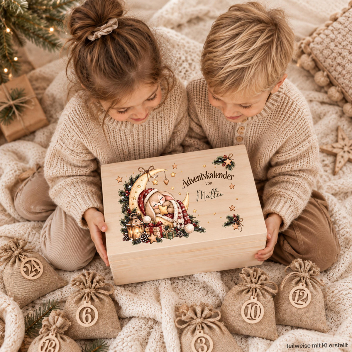 Adventskiste personalisiert mit Namen und schlafendem Häschen als wiederverwendbarer Adventskalender für Kinder. Der Adventskalender aus Holz kann als einzelne personalisierte Holzkiste oder als komplettes Set mit 24 Jutebeuteln und 24 Holzzahlen bestellt werden. Adventskalender Holz, Adventskalender Kiste, Adventskalender zum Befüllen, Weihnachtskalender mit Namen und Hase Adventskalender für Kinder – individuell befüllbar und als persönliche Weihnachtstradition jedes Jahr wiederverwendbar. UV-Druck.