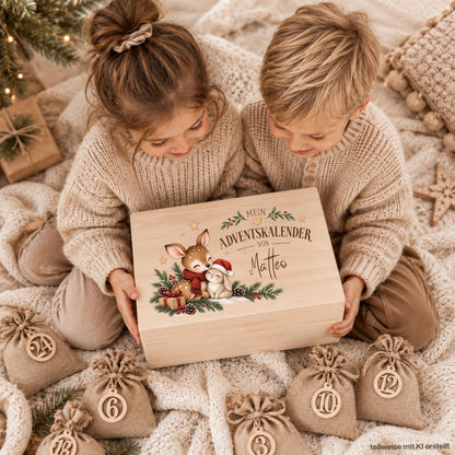 Personalisierter Adventskalender aus Holz für Kinder mit niedlichem Reh und Häschen sowie Wunschnamen Johanna. Die Adventskiste ist wahlweise einzeln oder als Adventskalender zum Befüllen mit 24 Jutesäckchen und Holzzahlen erhältlich. Wiederverwendbarer Adventskalender personalisiert mit Namen, Adventskalender Holz, Adventskalender Kiste, Adventskiste personalisiert und Weihnachtskalender für Kinder mit liebevollem Waldtier-Motiv für eine Adventstradition und viele gemeinsame Weihnachtsfeste. UV-Druck.