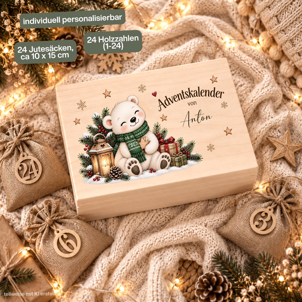 Adventskalender zum Befüllen für Kinder als personalisierte Holzkiste mit niedlichem Eisbär und Wunschnamen. Das komplette Adventskalender-Set enthält eine Adventskiste aus Holz sowie 24 Jutesäckchen und 24 Holzzahlen von 1 bis 24 zum Selbstbefüllen. Personalisierter Adventskalender, Adventskalender Beutel, Adventskalender Box, Adventskiste Kinder und Weihnachtskalender mit Namen als wiederverwendbarer Adventskalender für kleine Überraschungen während der gesamten Weihnachtszeit. Aus Kiefernholz.