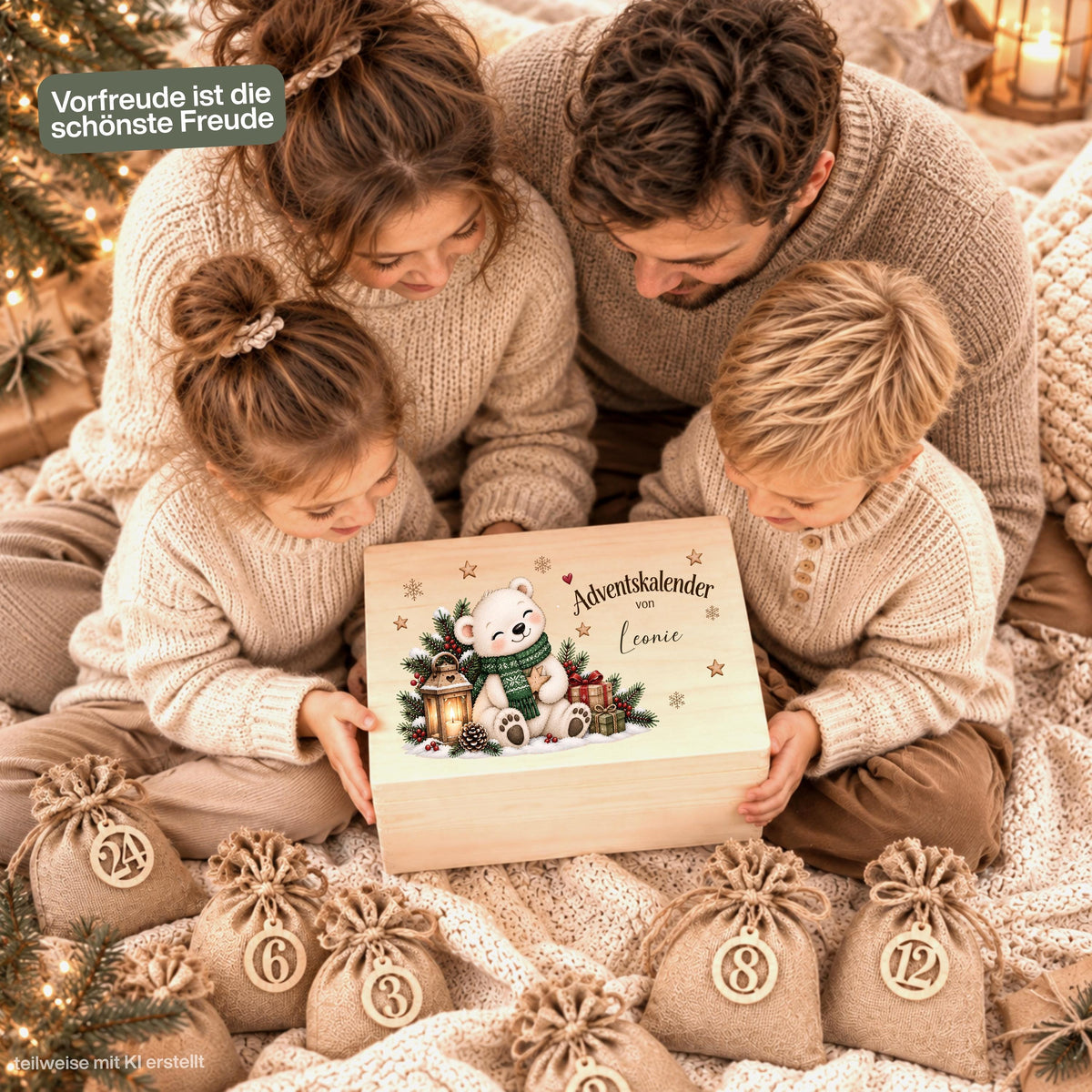 Adventskalender zum Befüllen für Kinder als personalisierte Holzkiste mit niedlichem Eisbär und Wunschnamen. Das komplette Adventskalender-Set enthält eine Adventskiste aus Holz sowie 24 Jutesäckchen und 24 Holzzahlen von 1 bis 24 zum Selbstbefüllen. Personalisierter Adventskalender, Adventskalender Beutel, Adventskalender Box, Adventskiste Kinder und Weihnachtskalender mit Namen als wiederverwendbarer Adventskalender für kleine Überraschungen während der gesamten Weihnachtszeit. Aus Kiefernholz.