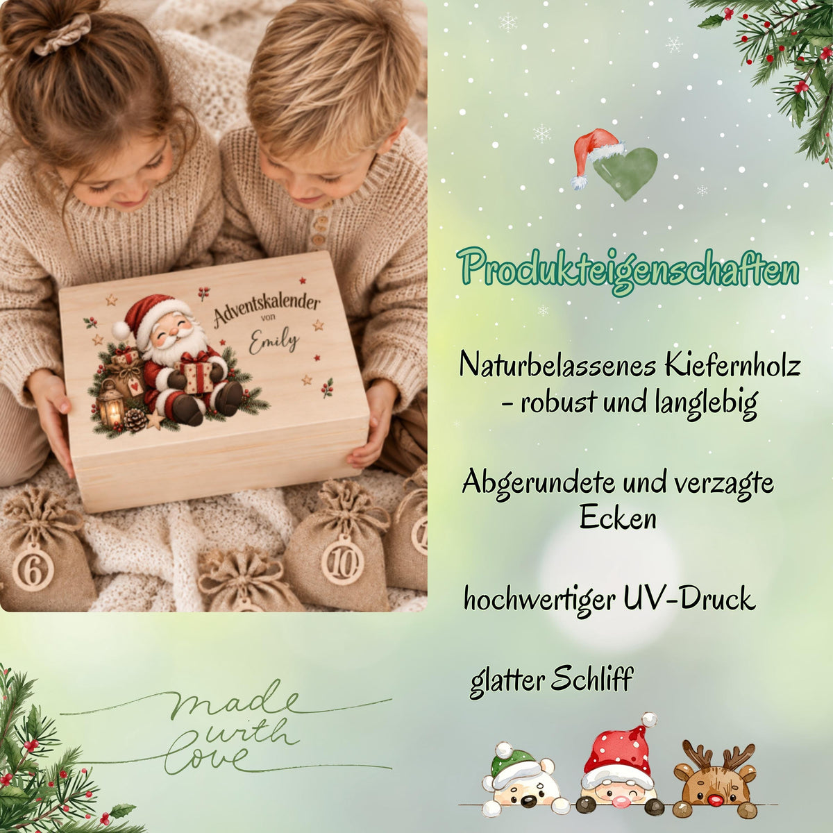 Adventskalender zum Befüllen für Kinder als personalisierte Holzkiste mit drei Waldtiere-Designs und Wunschnamen. Zur Auswahl stehen ein weihnachtliches Reh-Motiv sowie zwei verschiedene Motive mit niedlichen Waldtieren. Das komplette Adventskalender-Set enthält die Adventskiste aus Holz sowie 24 Jutesäckchen und 24 Holzzahlen von 1 bis 24. Personalisierter Adventskalender, Adventskalender Beutel, Adventskalender Box, Adventskiste Kinder und Weihnachtskalender mit Namen zum Selbstbefüllen.