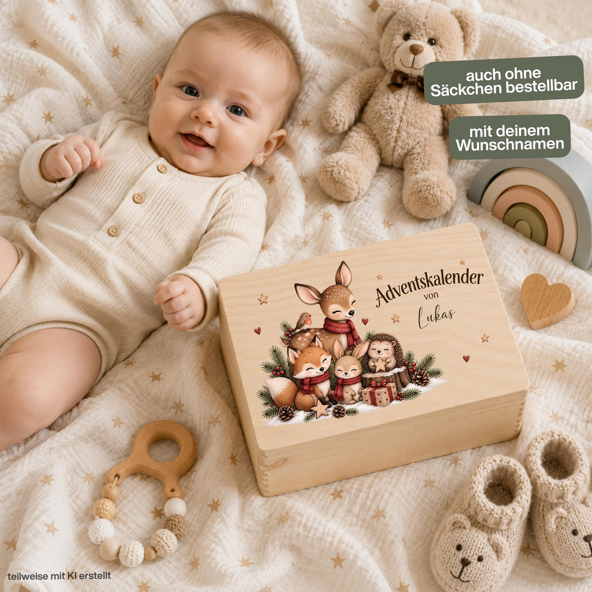 Adventskiste personalisiert mit Namen und liebevollen Waldtieren als wiederverwendbarer Adventskalender für Kinder. Drei Motive mit Rehen, Fuchs, Häschen, Igel und weiteren kleinen Waldfreunden stehen zur Auswahl. Der Adventskalender aus Holz ist als personalisierte Holzkiste oder als komplettes Set mit 24 Jutebeuteln und 24 Holzzahlen erhältlich. Adventskalender Holz, Adventskalender Kiste, Adventskalender zum Befüllen und Weihnachtskalender mit Namen – jedes Jahr individuell neu befüllbar.