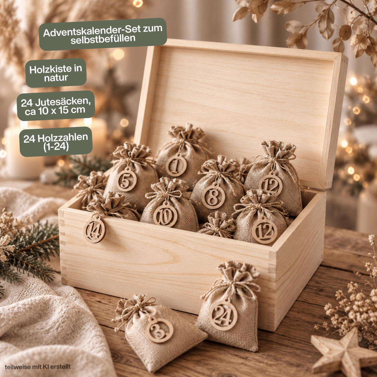 Adventskiste personalisiert mit Namen und liebevollem Teddy als wiederverwendbarer Adventskalender für Kinder. Der Adventskalender aus Holz kann als einzelne personalisierte Holzkiste oder als komplettes Set mit 24 Jutebeuteln und 24 Holzzahlen bestellt werden. Adventskalender Holz, Adventskalender Kiste, Adventskalender zum Befüllen, Weihnachtskalender mit Namen und Teddy Adventskalender für Kinder – jedes Jahr individuell neu befüllbar und als persönliche Weihnachtstradition wiederverwendbar.