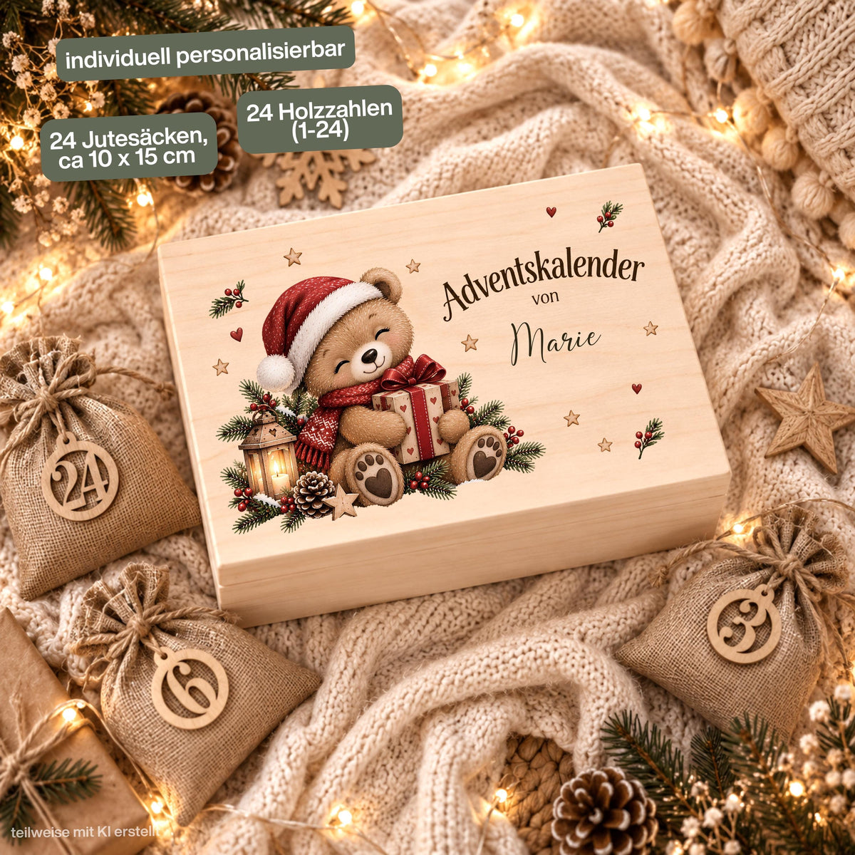 Adventskalender zum Befüllen für Kinder als personalisierte Holzkiste mit Weihnachts-Teddy und individuellem Wunschnamen. Das komplette Adventskalender-Set enthält eine Adventskiste aus Holz sowie 24 Jutesäckchen und 24 Holzzahlen von 1 bis 24 zum Selbstbefüllen. Personalisierter Adventskalender, Adventskalender Beutel, Adventskalender Box, Adventskiste Kinder und Weihnachtskalender mit Namen als wiederverwendbarer Adventskalender für Süßigkeiten, kleine Geschenke und persönliche Überraschungen.