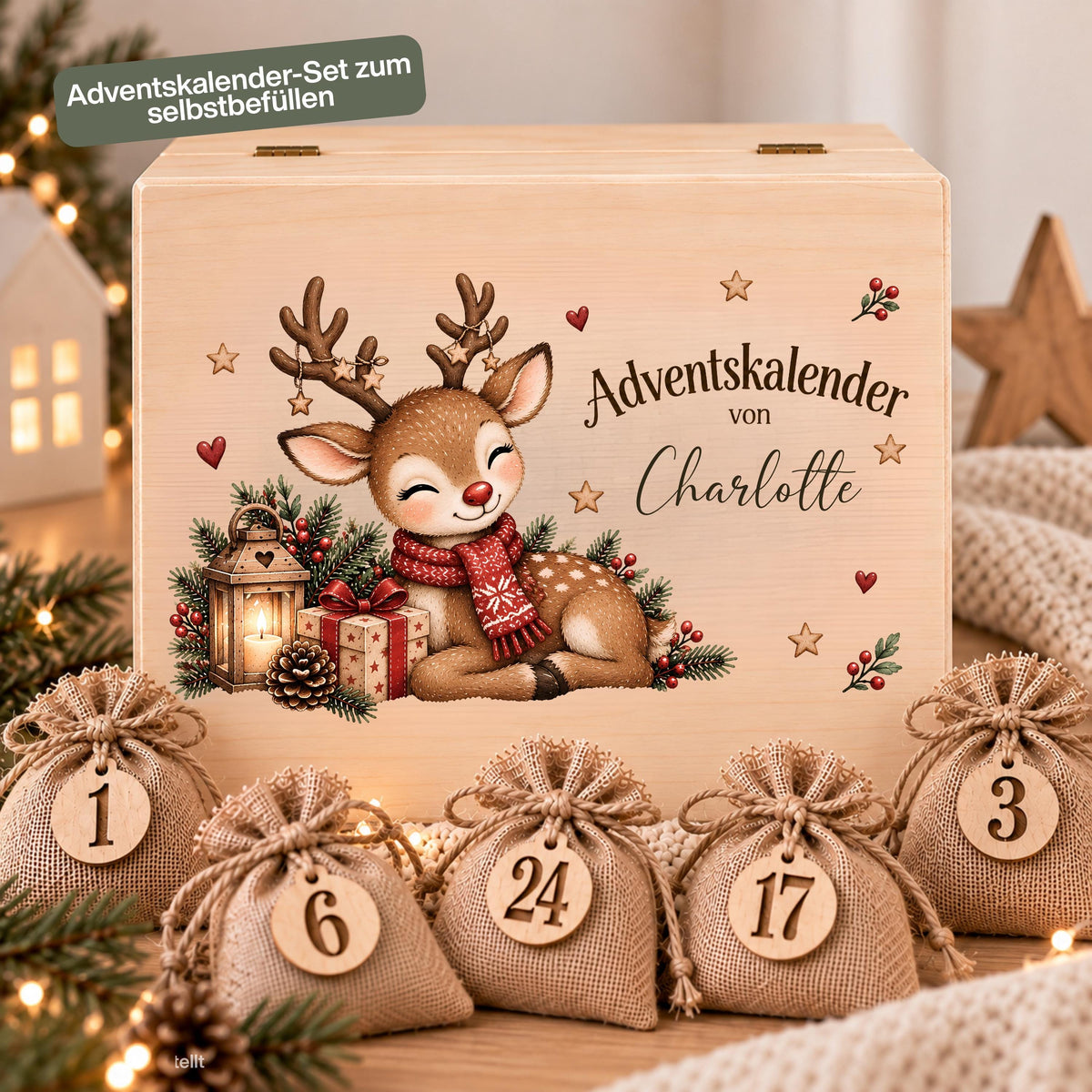 Personalisierter Adventskalender aus Holz für Kinder mit niedlichem Rentier, Weihnachtsdeko und Wunschnamen Leonie. Die Adventskiste ist wahlweise einzeln oder als Adventskalender zum Befüllen mit 24 Jutesäckchen und Holzzahlen erhältlich. Wiederverwendbarer Adventskalender personalisiert mit Namen, Adventskalender Holz, Adventskalender Kiste, Adventskiste personalisiert und Weihnachtskalender für Kinder mit Rentier-Motiv – individuell gestaltet für 24 kleine Überraschungen in der Adventszeit.