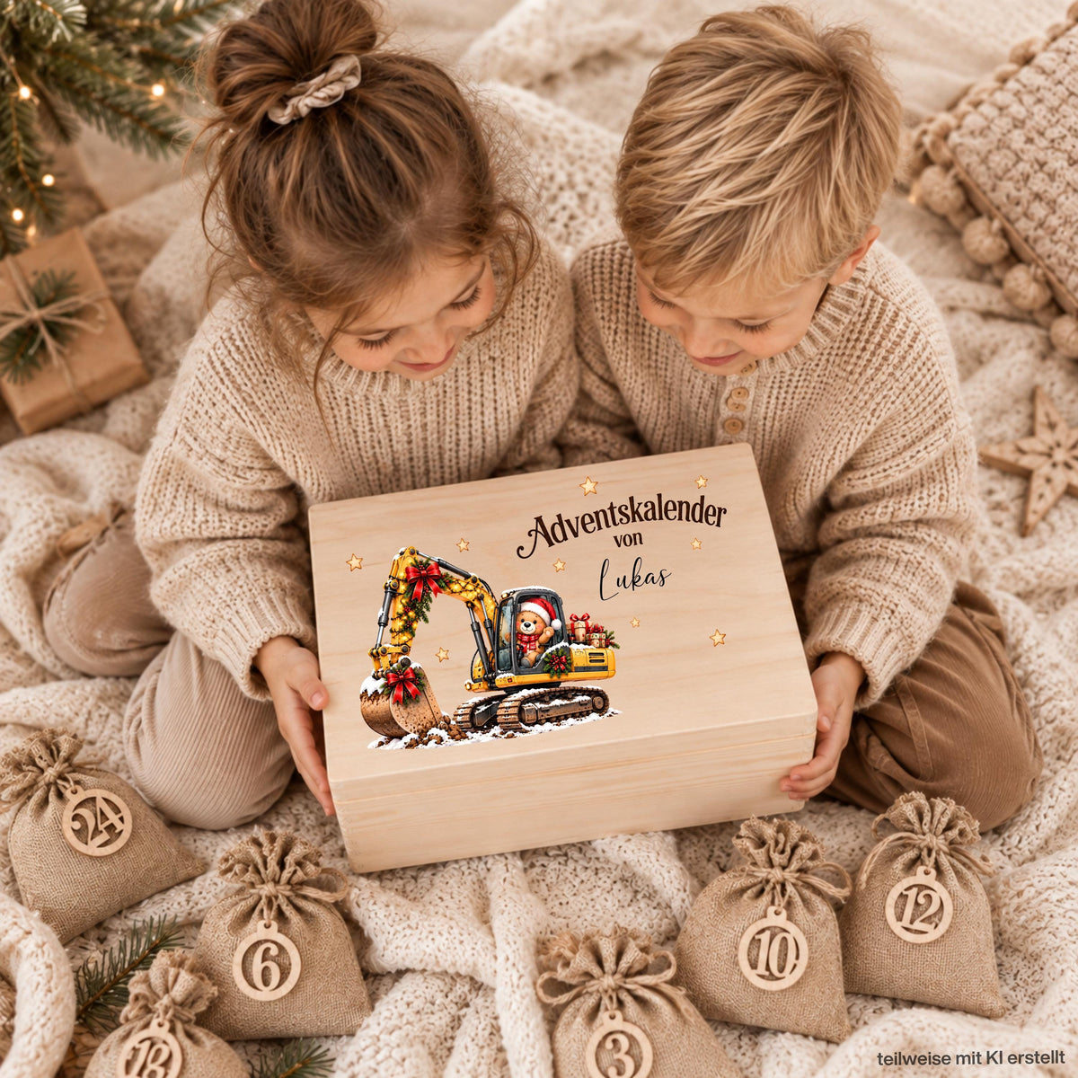 Adventskiste personalisiert mit Namen und festlichem Bagger als wiederverwendbarer Adventskalender für Kinder. Das Weihnachtsmotiv zeigt einen Bagger mit Lichtern, Schleifen, Geschenken und kleinem Teddy als Fahrer. Der Adventskalender aus Holz ist als personalisierte Holzkiste oder als Set mit 24 Jutebeuteln und Holzzahlen erhältlich. Adventskalender Holz, Adventskalender Kiste, Adventskalender zum Befüllen, Weihnachtskalender mit Namen und Bagger Adventskalender für Kinder