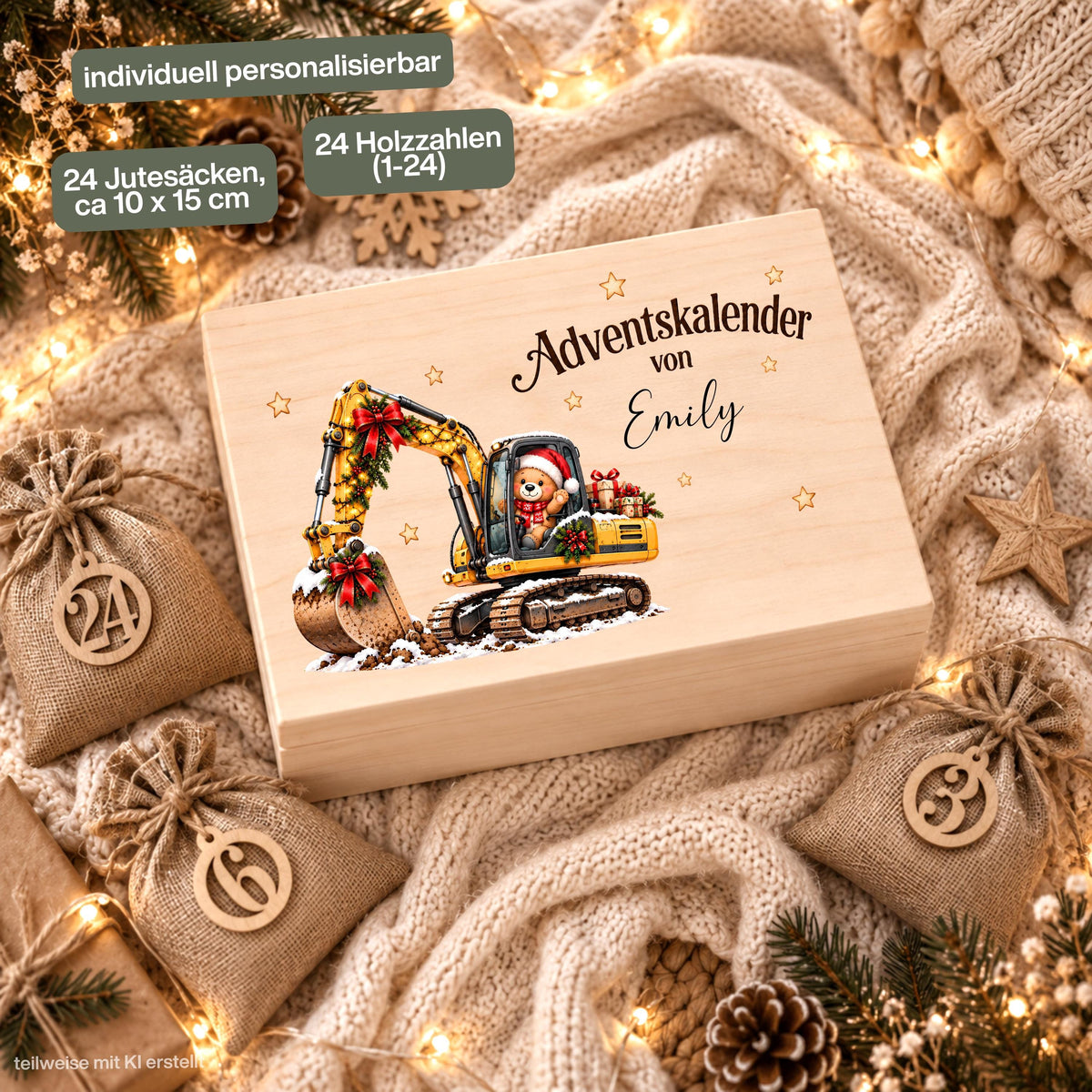Adventskalender personalisiert mit Namen, Adventskalender zum Befüllen aus Holz, Adventskiste Kinder mit Beutel, Weihnachtskalender Bagger