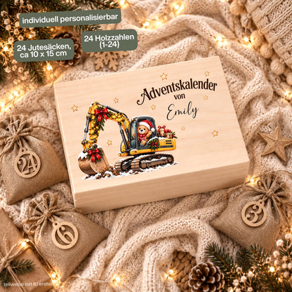 Adventskalender personalisiert mit Namen, Adventskalender zum Befüllen aus Holz, Adventskiste Kinder mit Beutel, Weihnachtskalender Bagger