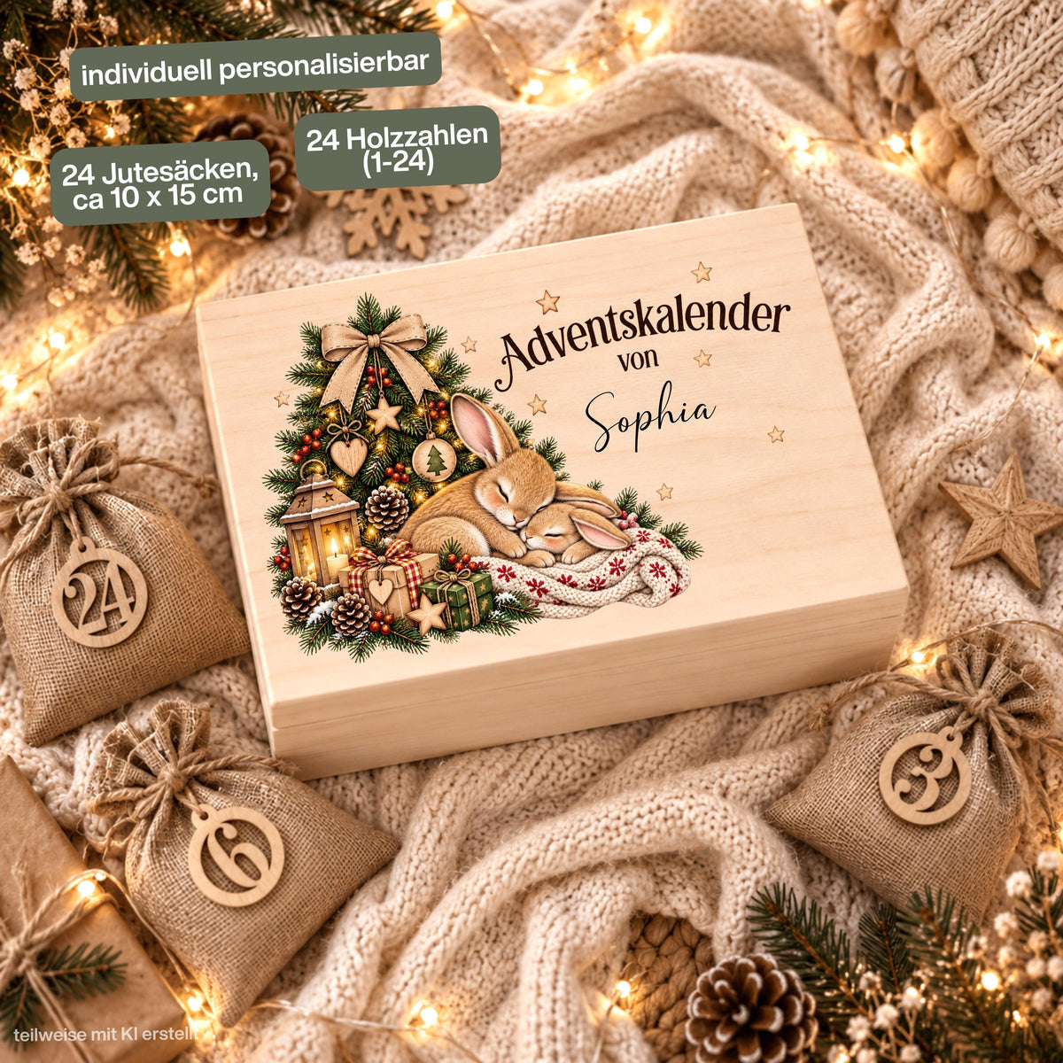 Personalisierter Adventskalender aus Holz für Kinder mit zwei kuschelnden Häschen, Weihnachtsbaum und individuellem Wunschnamen Sophia. Die Adventskiste ist einzeln oder als Adventskalender zum Befüllen mit 24 Jutesäckchen und Holzzahlen erhältlich. Wiederverwendbarer Adventskalender personalisiert mit Namen, Adventskalender Holz, Adventskalender Kiste, Adventskiste personalisiert und Weihnachtskalender für Kinder mit Hasen-Motiv – eine liebevolle Adventskalender Box für 24 kleine Überraschungen