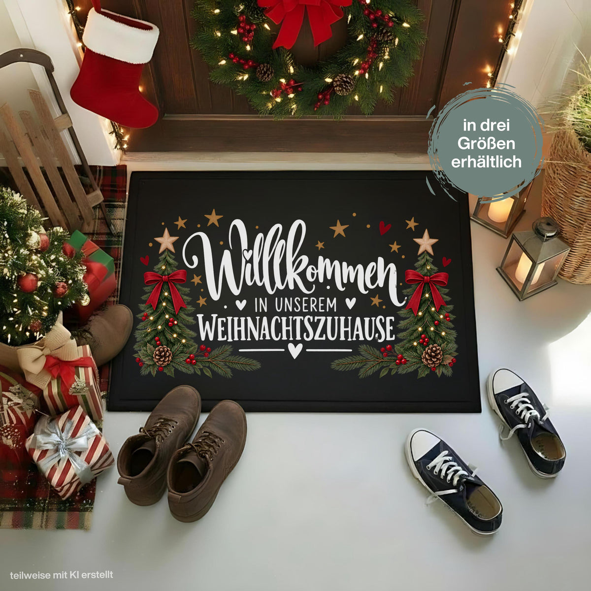 Weihnachtliche Fußmatte Weihnachten mit dem Spruch „Willkommen in unserem Weihnachtszuhause“, zwei geschmückten Tannenbäumen, roten Schleifen, Tannenzweigen und Herzen. Die bedruckte Schmutzfangmatte ist eine festliche Weihnachtsfußmatte und Weihnachtsdeko für die Tür, Haustür und den Eingangsbereich. Die Fußmatte Eingang besitzt einen rutschfesten Gummirand und ist in drei Größen erhältlich. Eine dekorative Haustür Fußmatte, Willkommensmatte und Fußmatte Winter für die Weihnachtszeit. Aus Polypropylen.